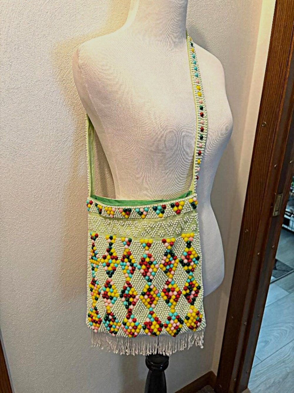 Vintage 1970s Rainbow Green Fringed Candy-Dot Beaded Crossbody Boho Bag Purse
